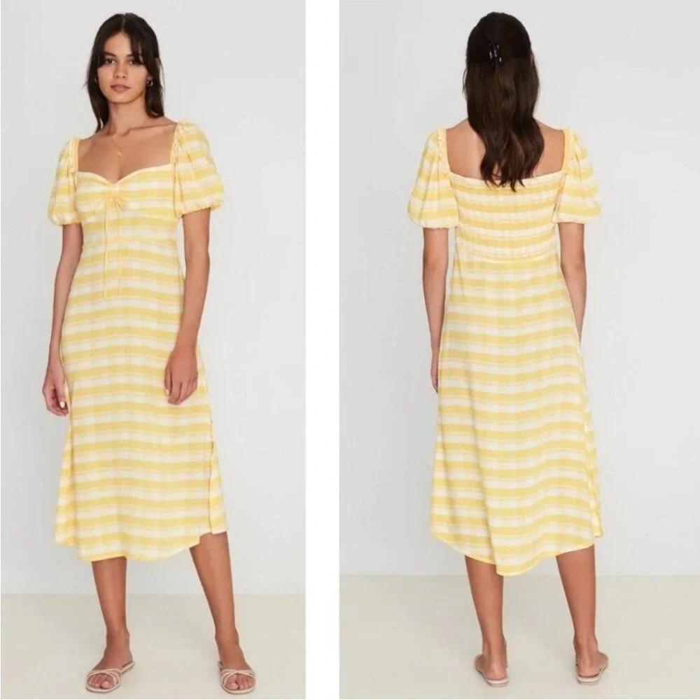 Anthropologie Faithfull the Brand Juniper Midi Dress Ligne Check Yellow Plaid